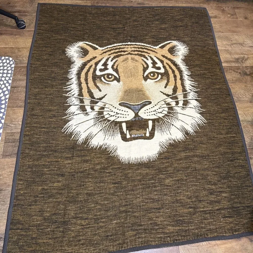Vintage Biederlack Plush Tiger Throw Blanket Brown 71